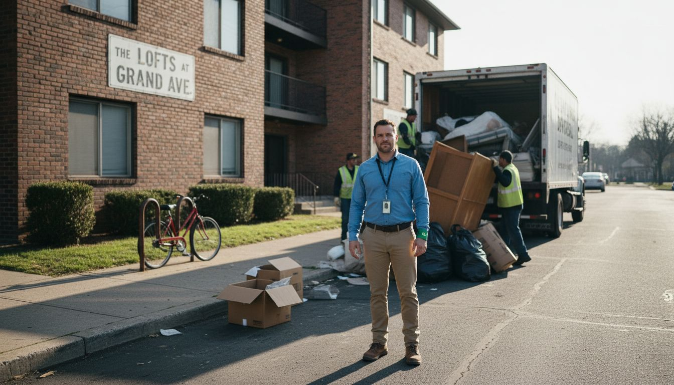 Property manager oversees junk removal outside building