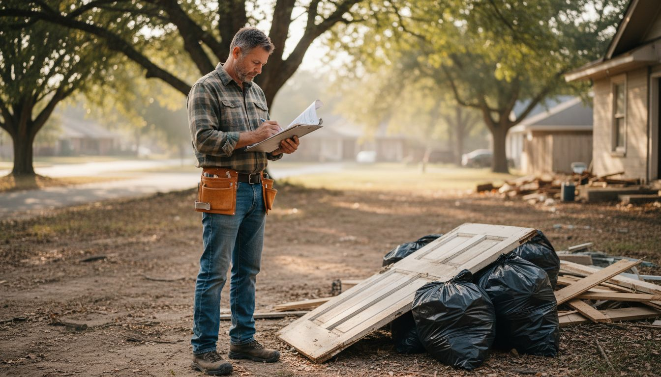 Contractor assessing debris piles at worksite