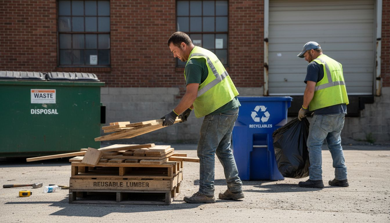 Workers sorting materials into separate piles