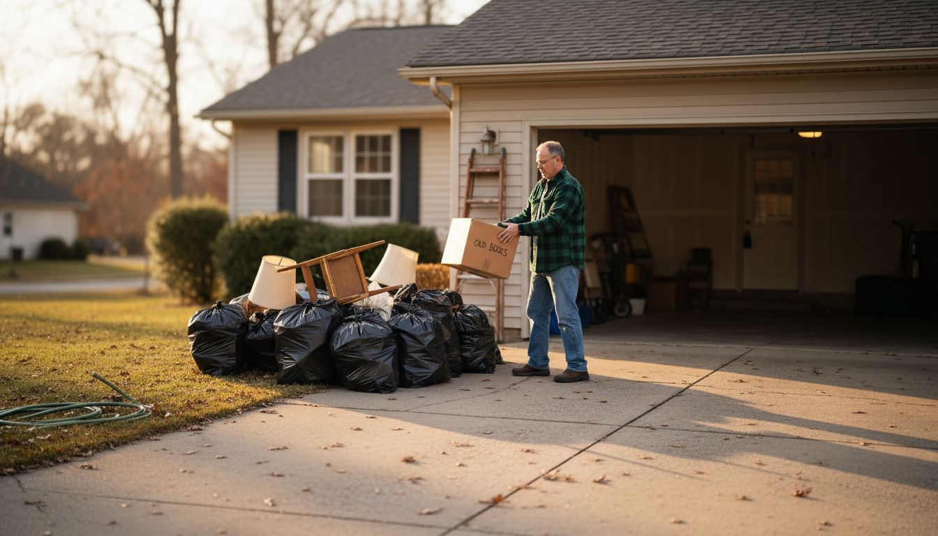 Homeowner clearing junk in driveway and garage