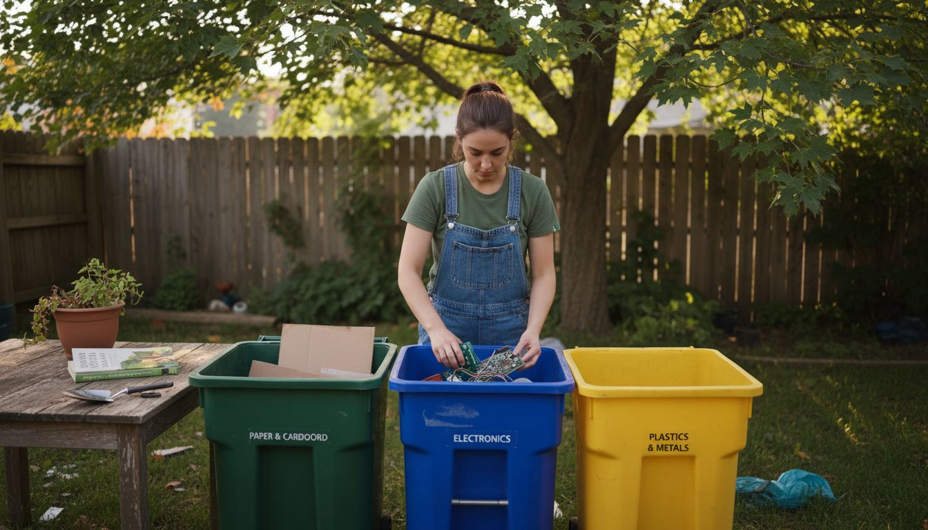 Homeowner sorting junk into recycling bins