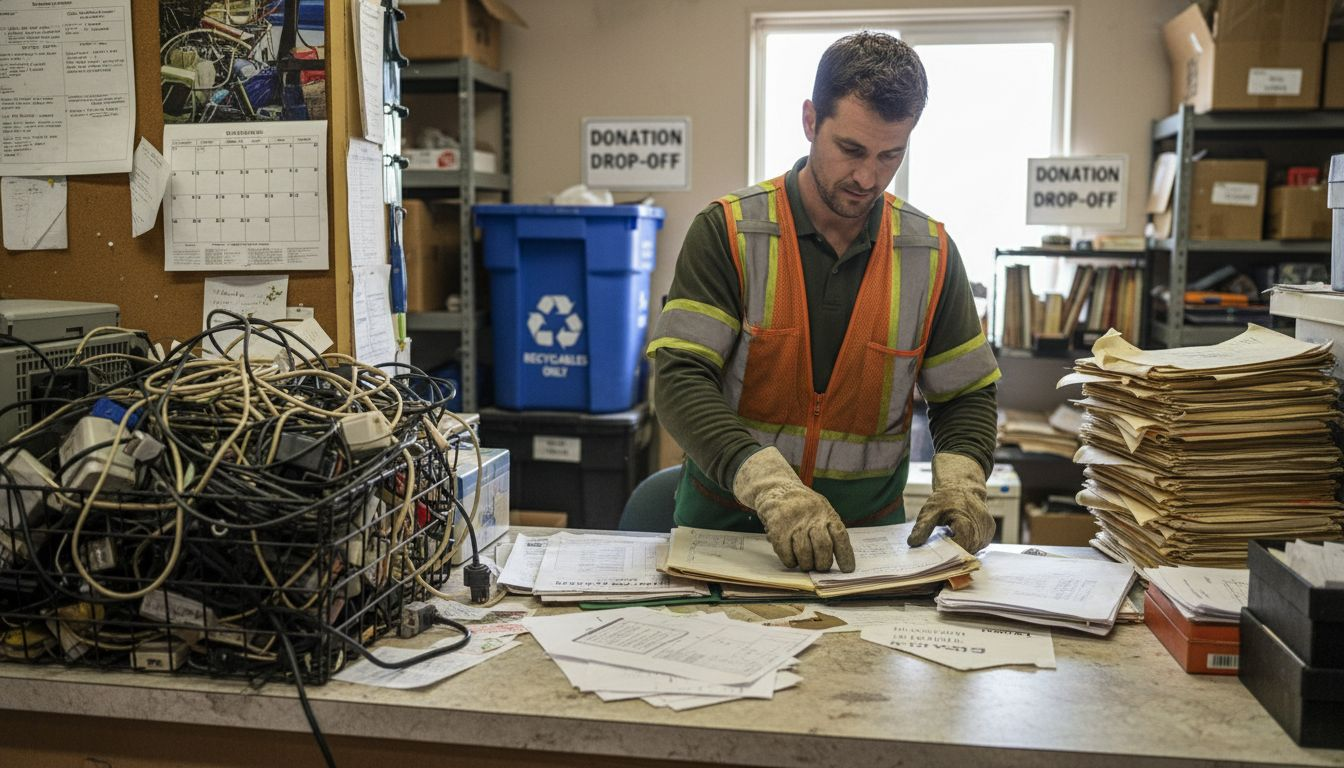 Technician organizing eco-friendly disposal documents