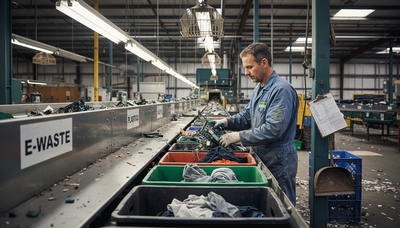 Worker sorting junk at recycling facility