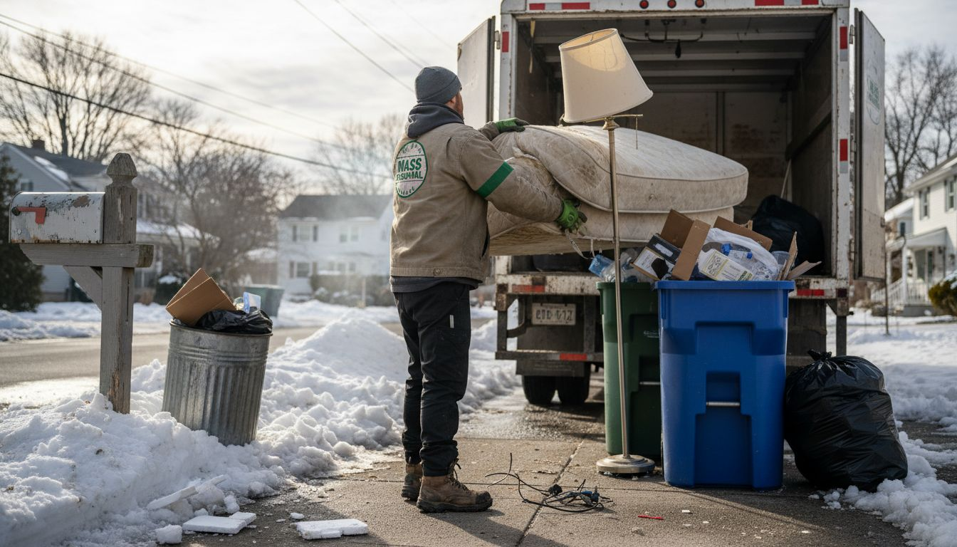 Worker loading junk into truck on snowy curb