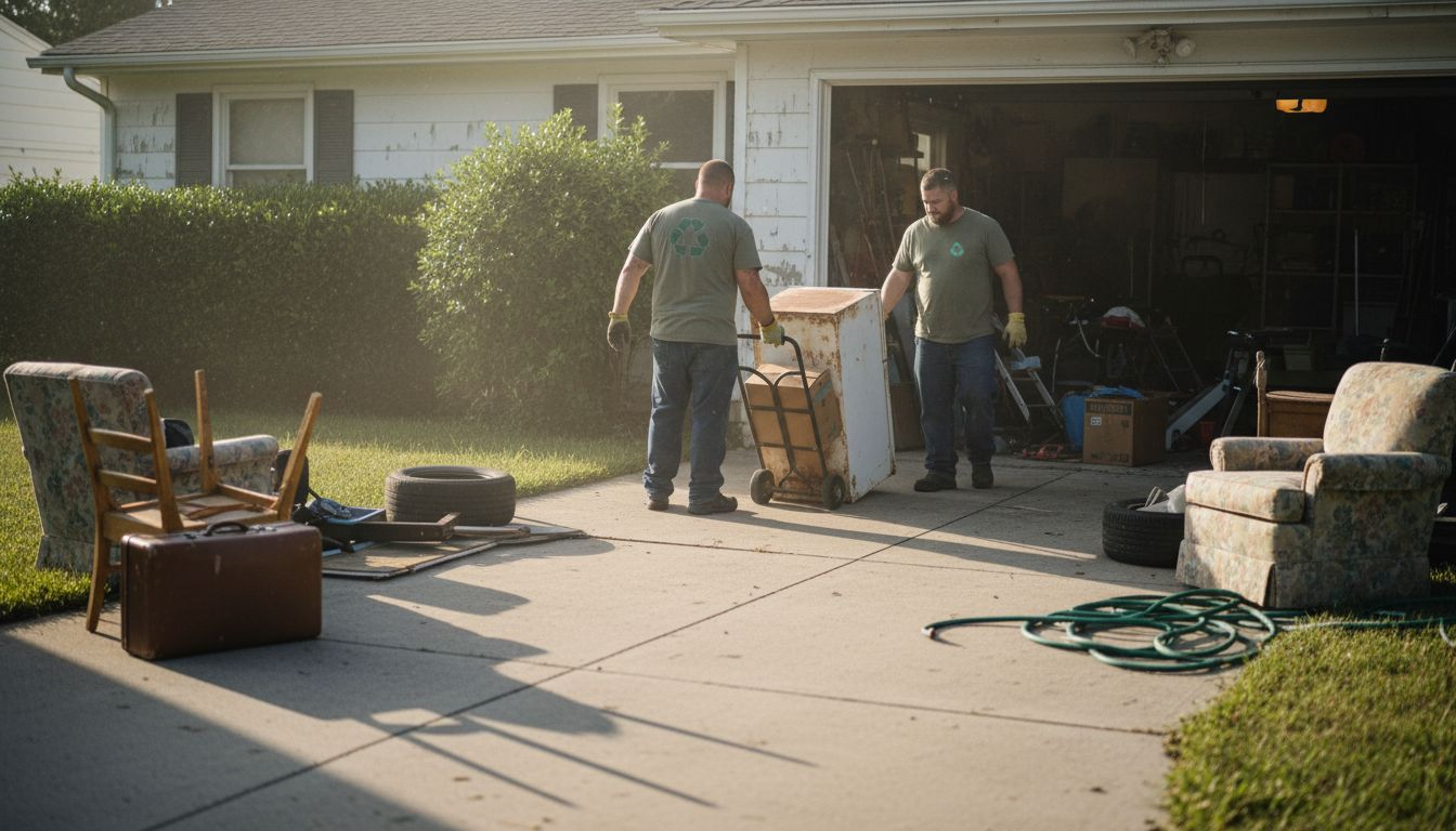 Junk removal team hauling items from garage
