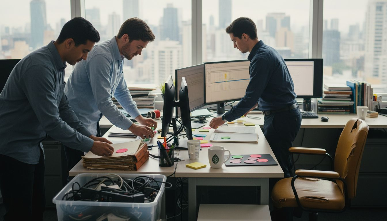Staff sorting office equipment with labels