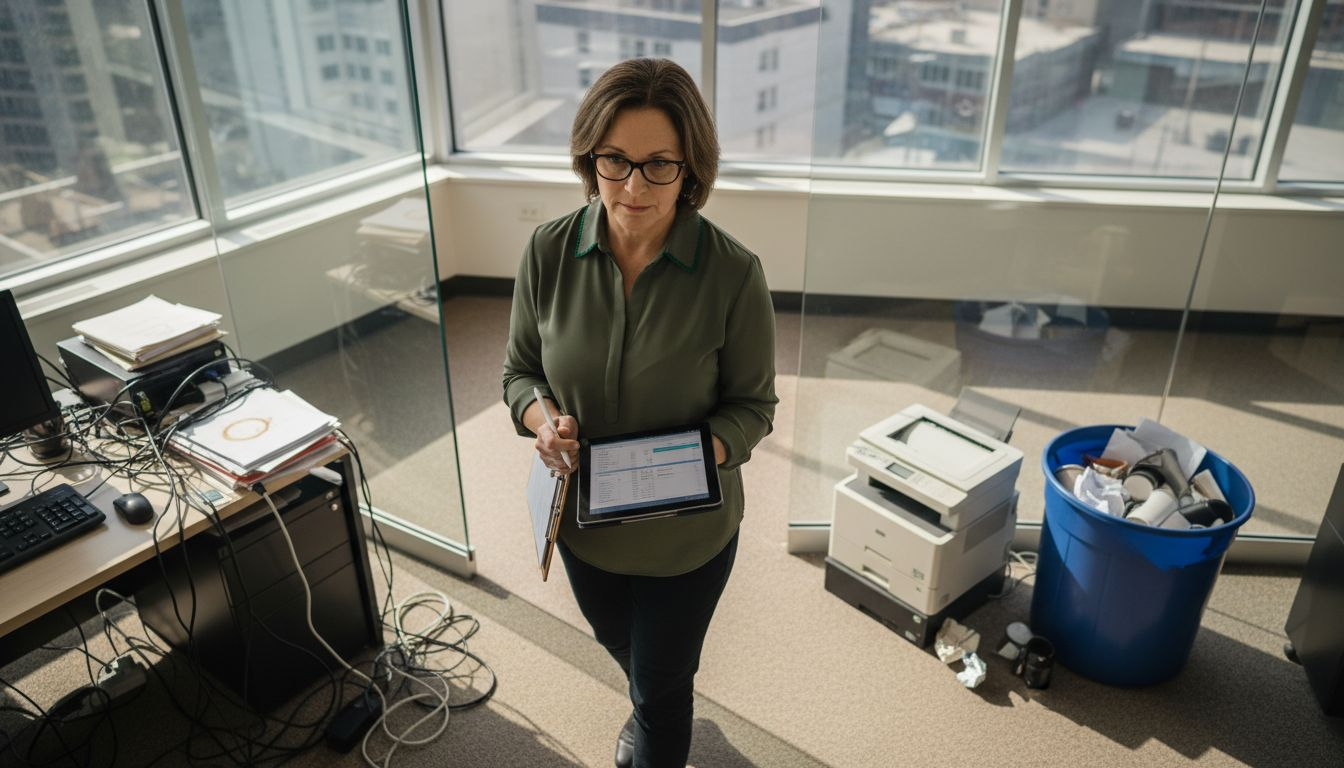 Manager noting office junk and clutter