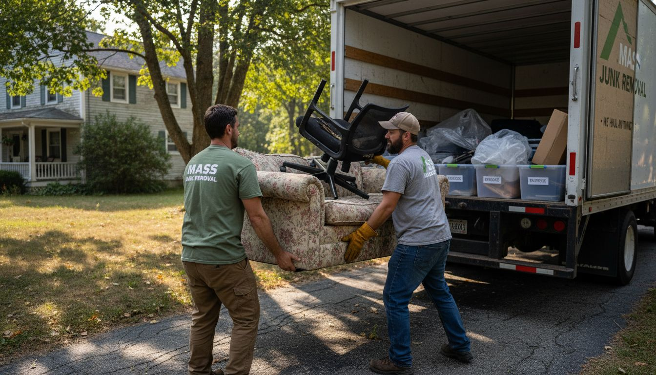Workers loading junk removal truck Massachusetts home