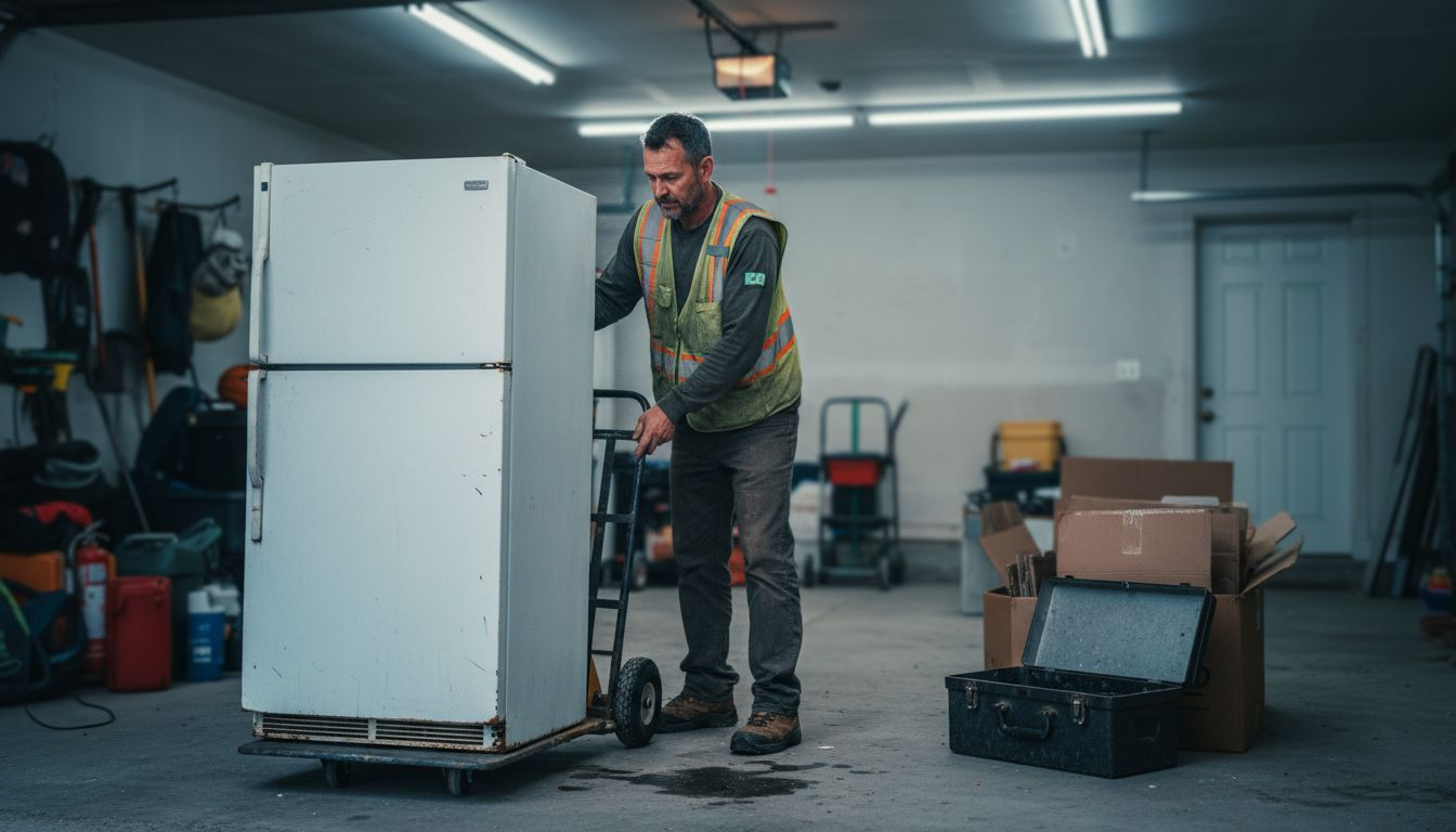 Technician moving fridge with junk removal equipment