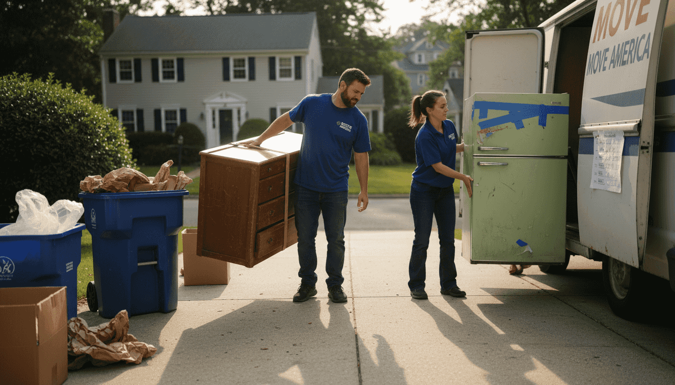 Movers carrying furniture during junk removal