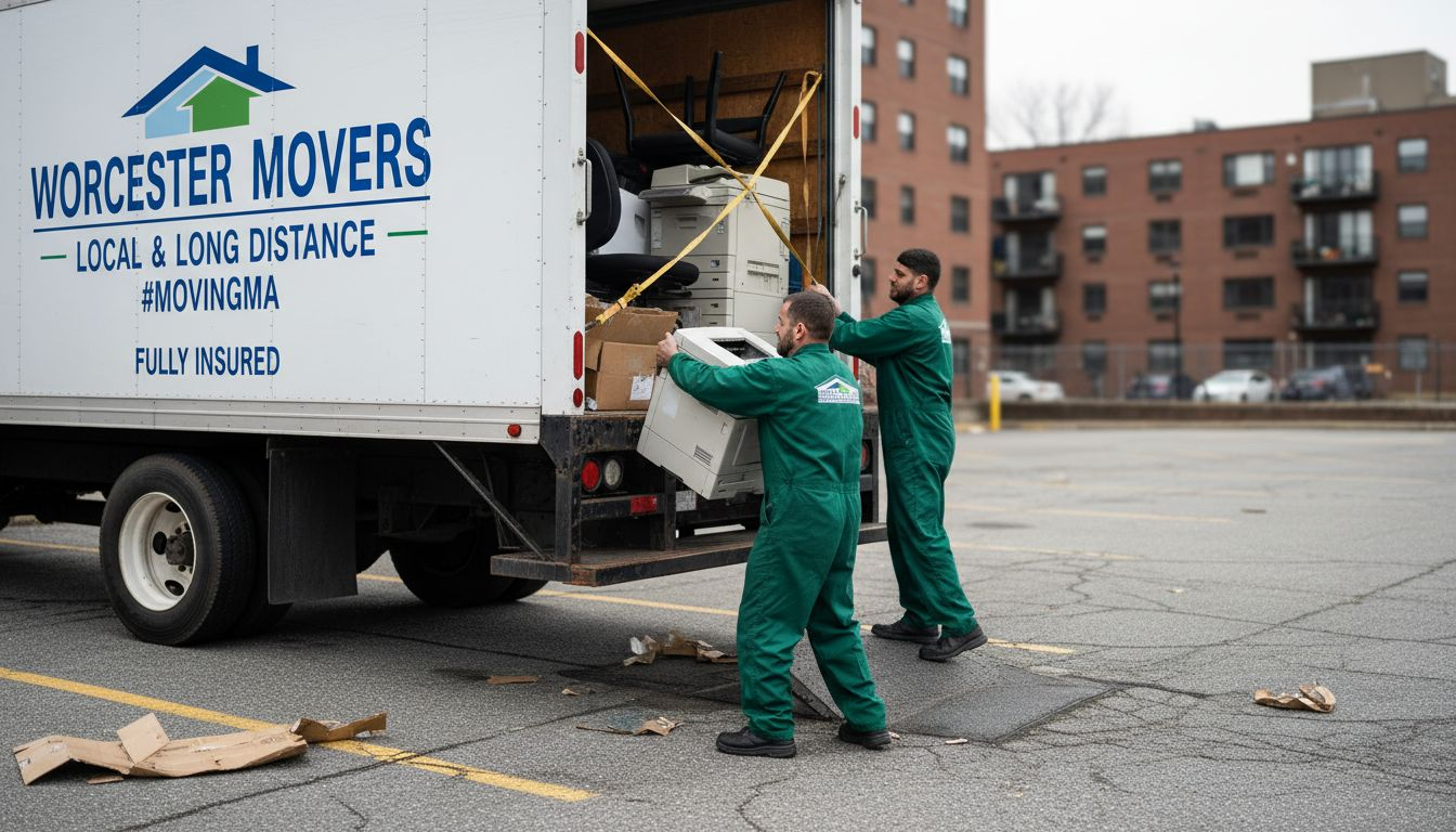 Junk removal crew loading office debris downtown