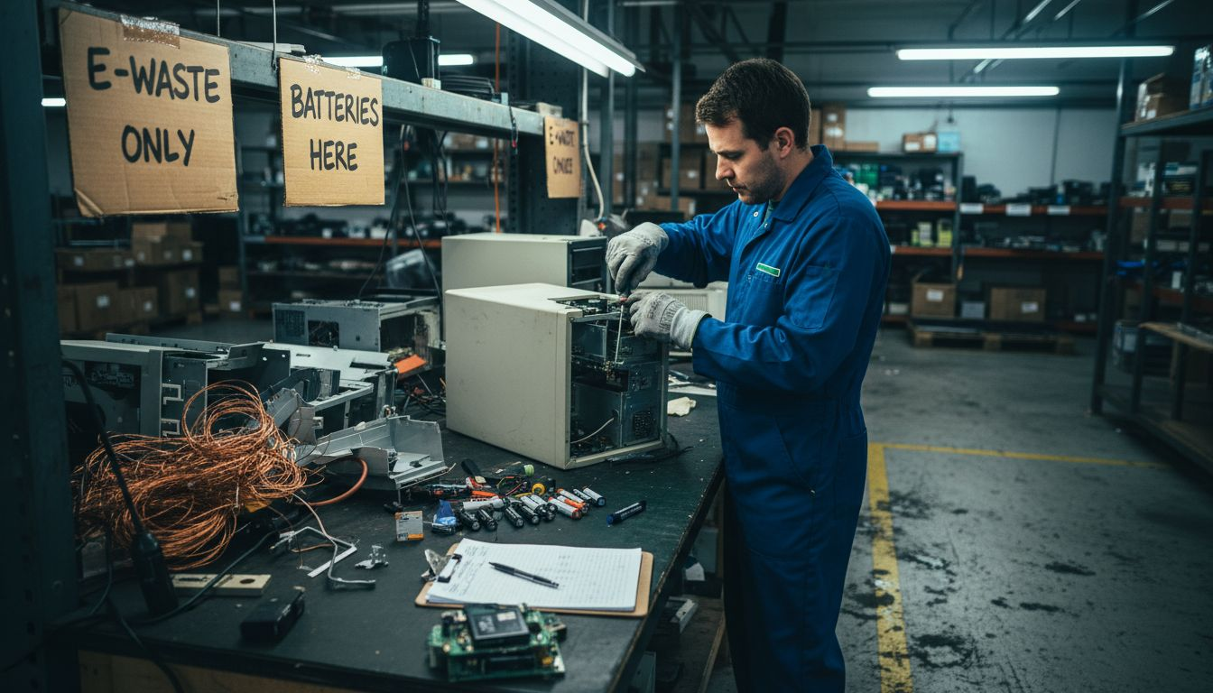 Technician recycles electronics at workbench