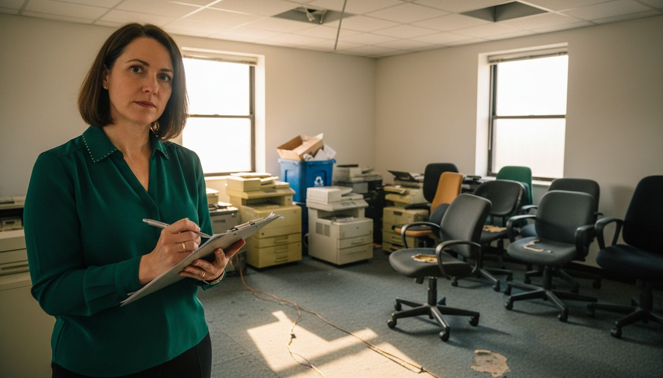 Manager assessing cluttered office for junk removal