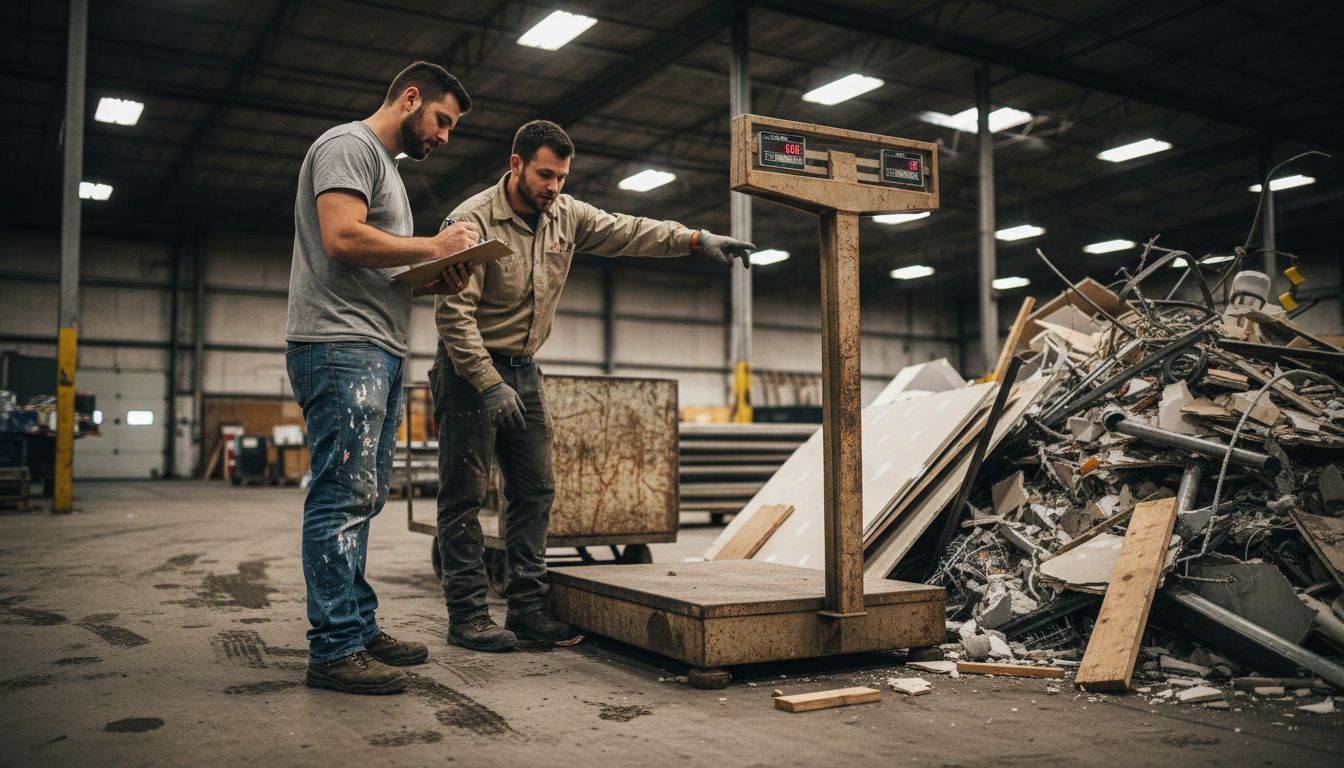Workers weighing debris for quote accuracy