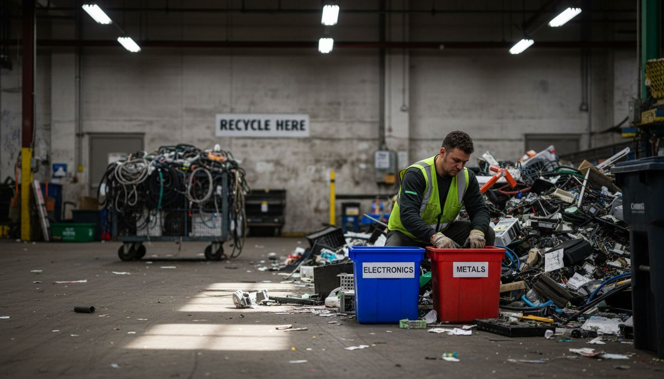Worker sorting recyclables at junk facility