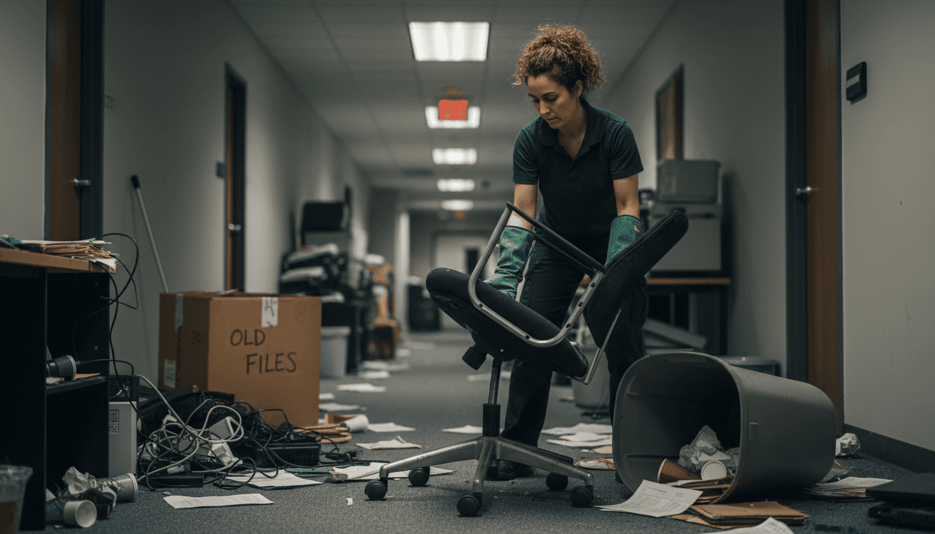 Janitor removing cluttered junk from office hallway