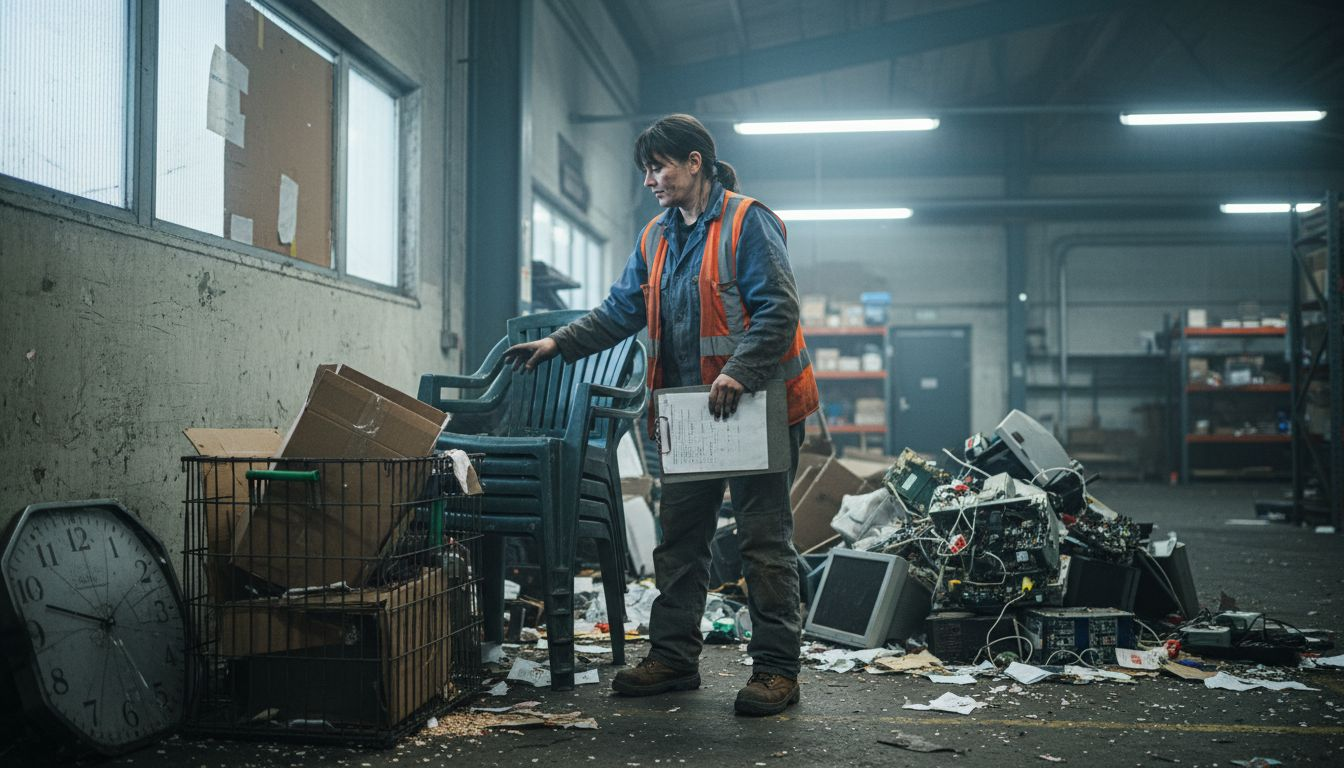 Worker sorting debris piles for removal