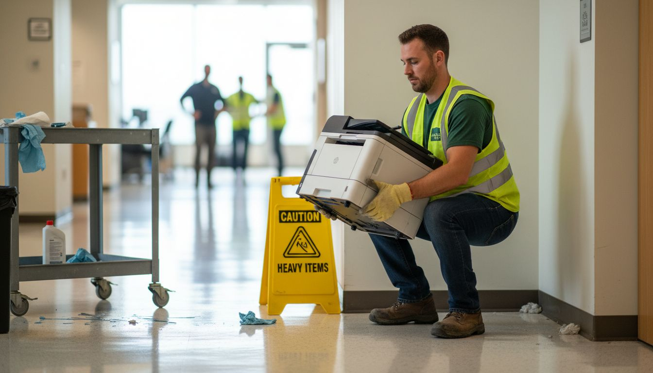 Worker safely lifting heavy office junk