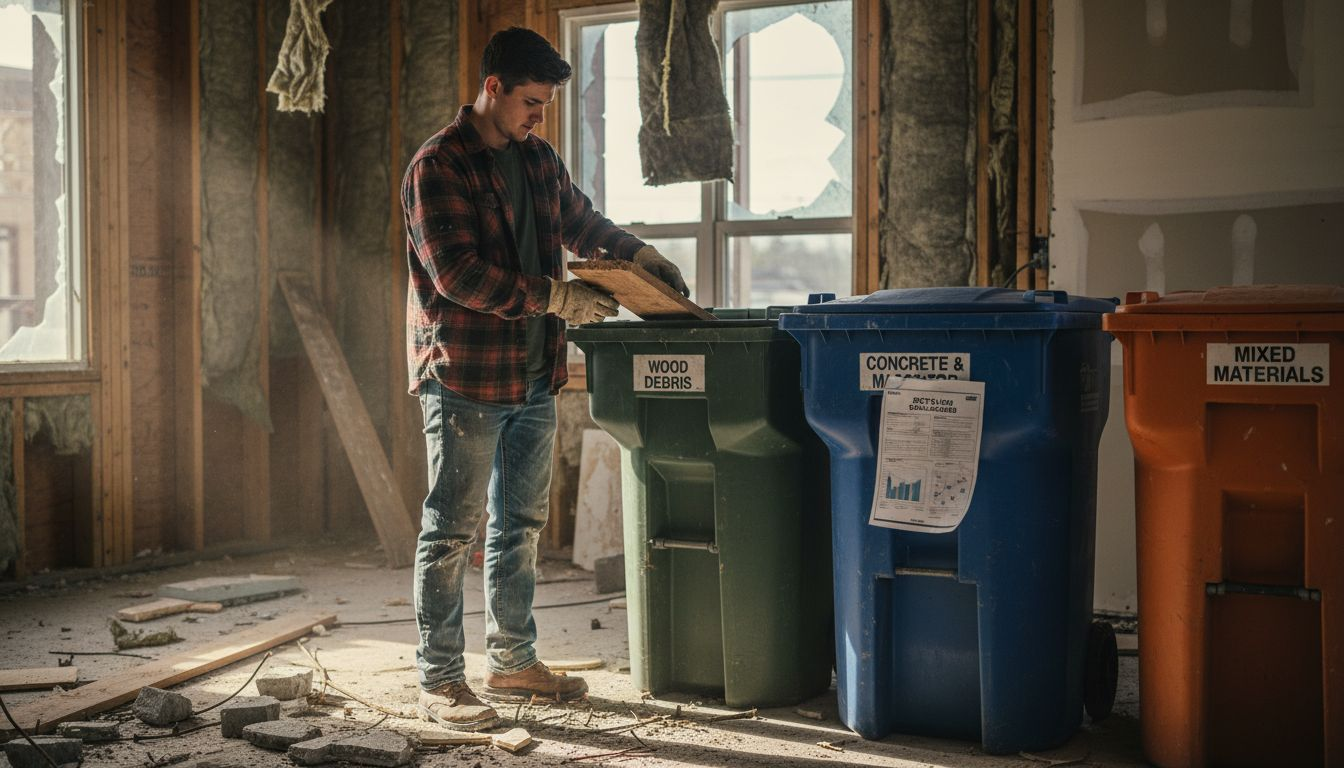 Worker sorting debris into recycling bins onsite