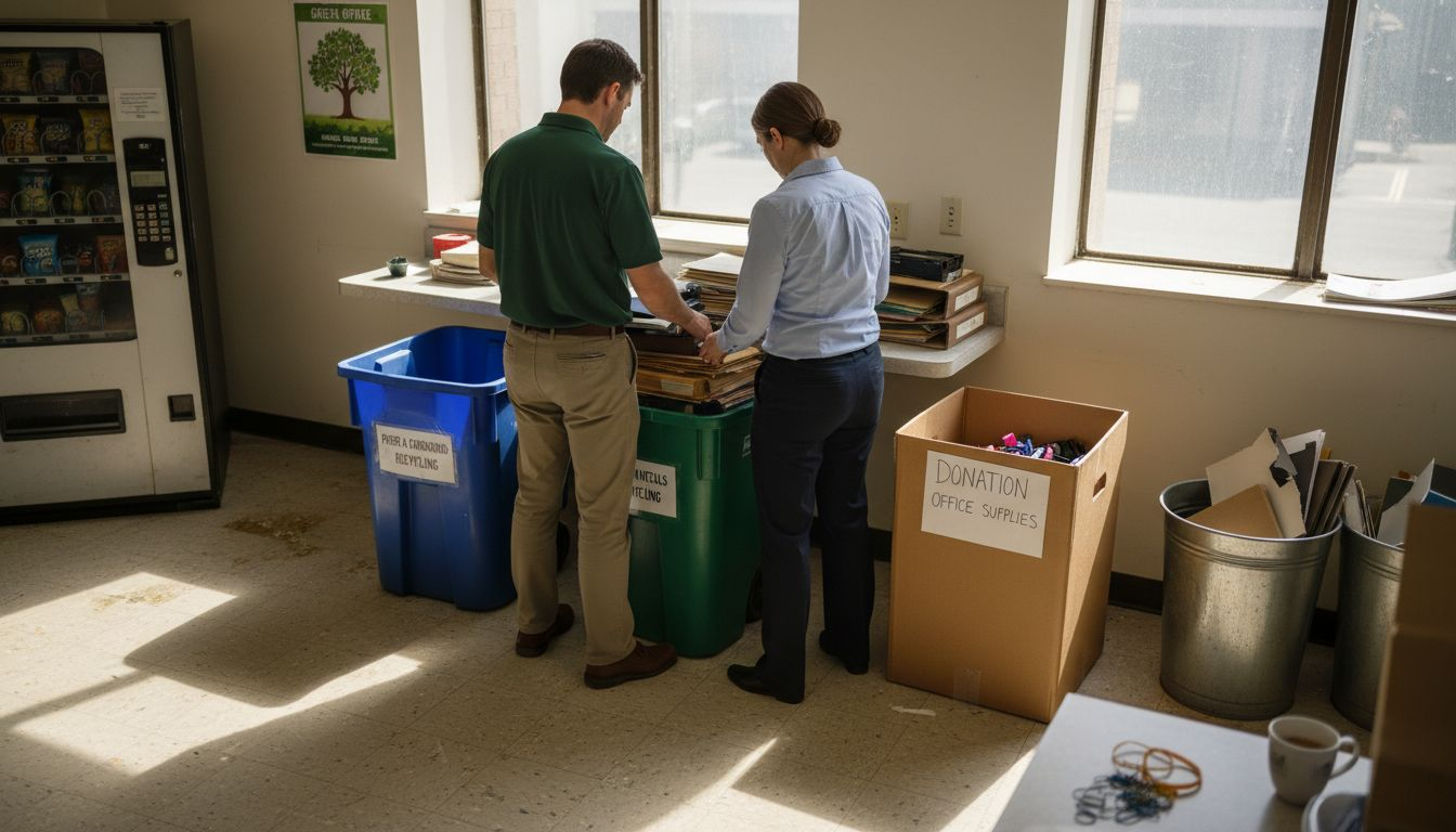 Employees sort office items into recycling bins