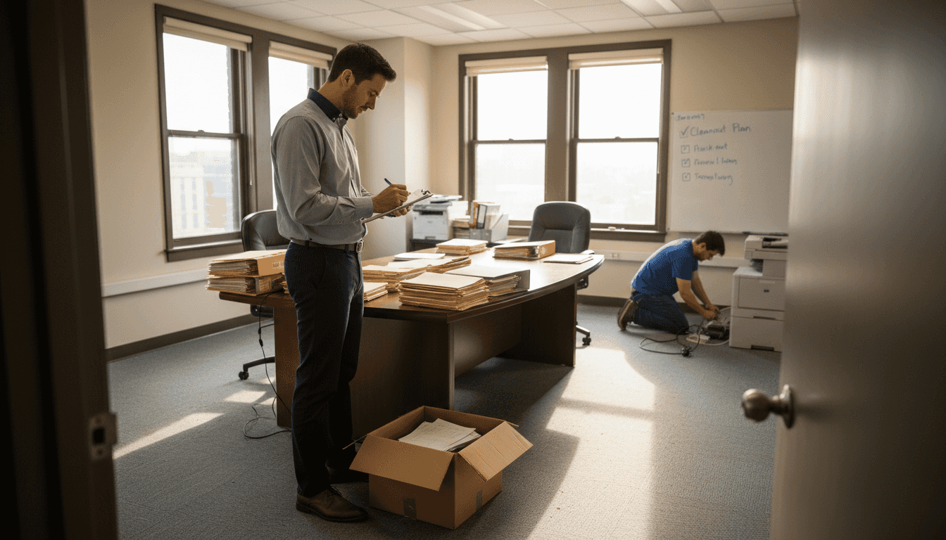 Team leader checking office cleanout inventory