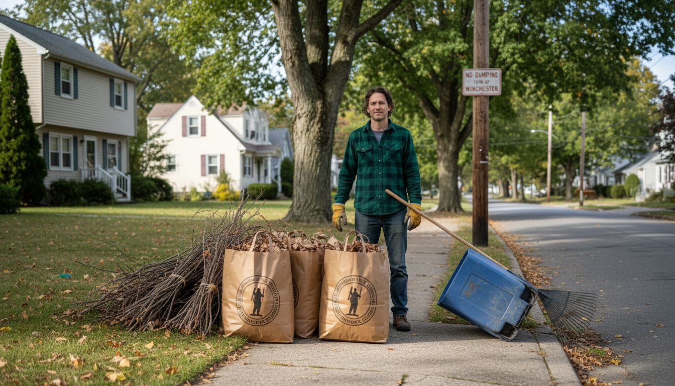 Resident with yard waste bags at Massachusetts curb