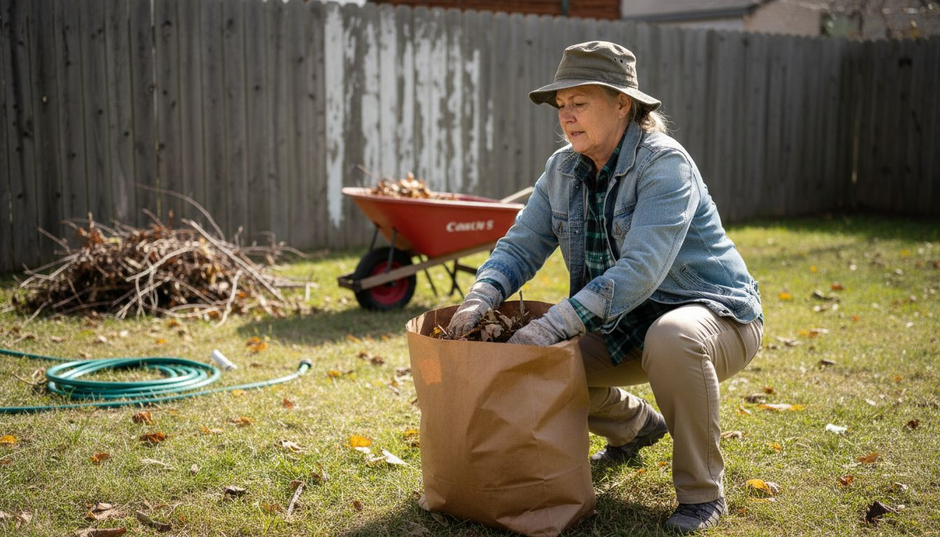 Homeowner bagging leaves with biodegradable bags