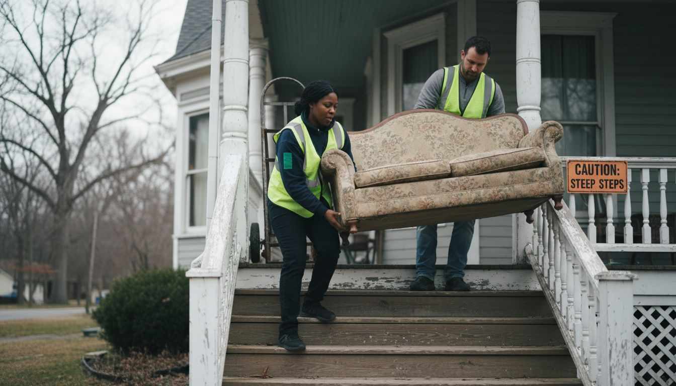 Haulers using safety protocols moving a sofa
