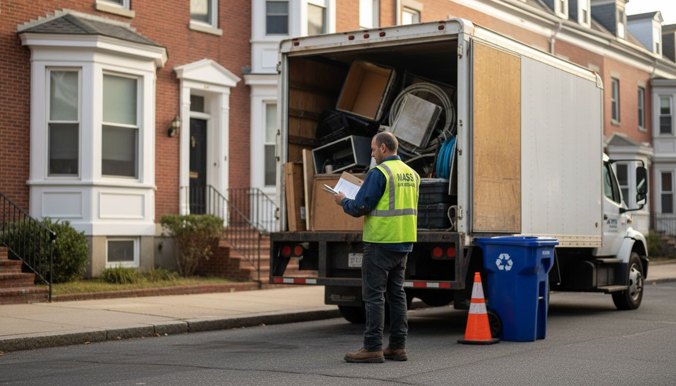 Licensed junk hauler loading truck in Massachusetts street