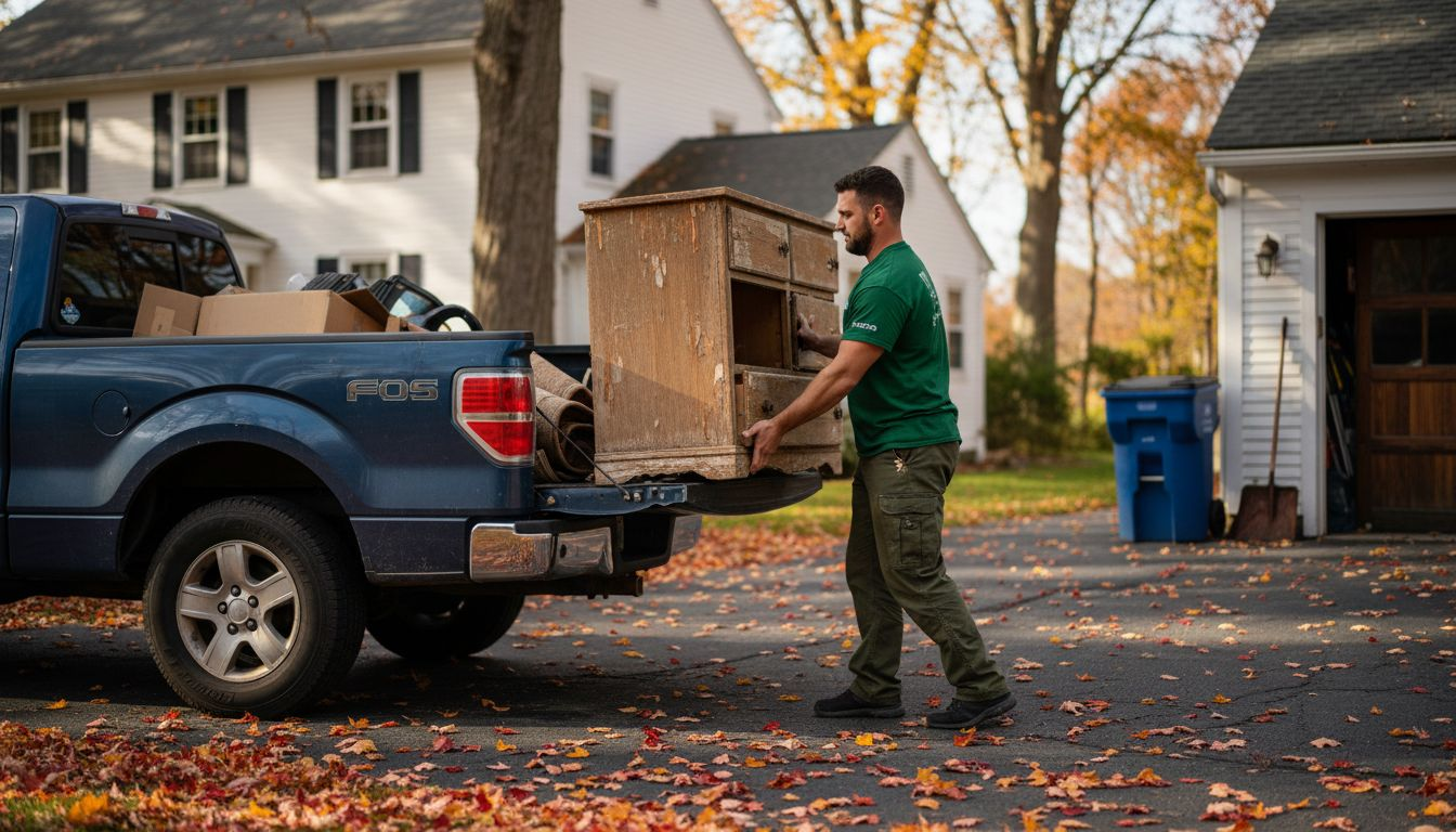 Junk removal worker loading furniture in driveway