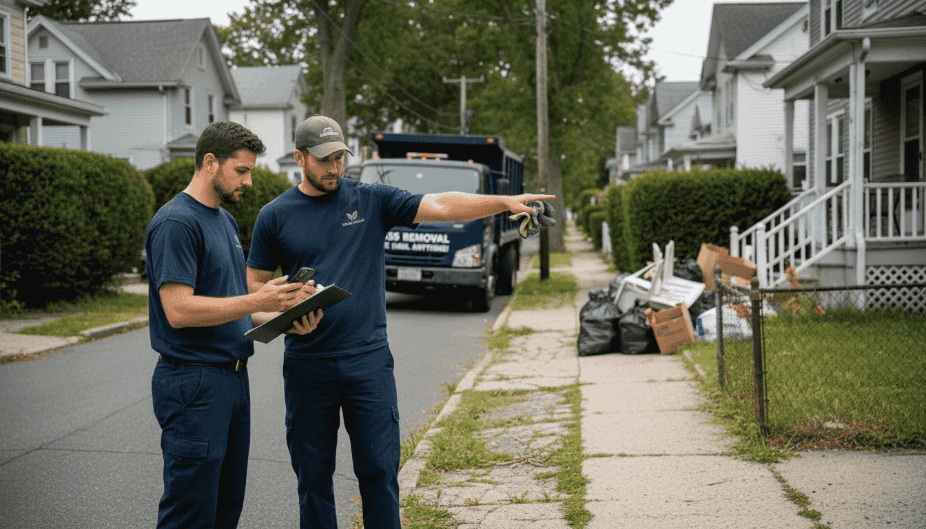 Local junk removal team discussing job on site