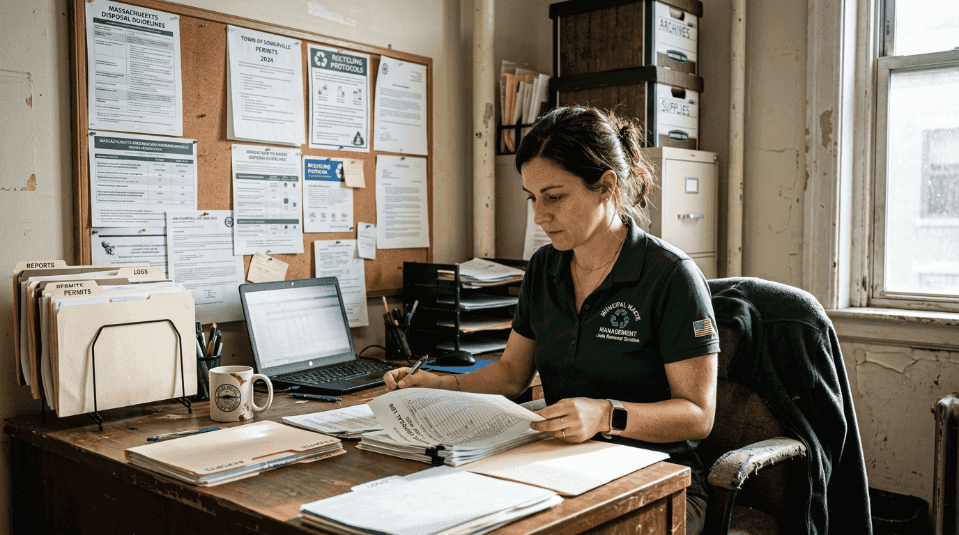 Manager reviewing Massachusetts waste permits at desk