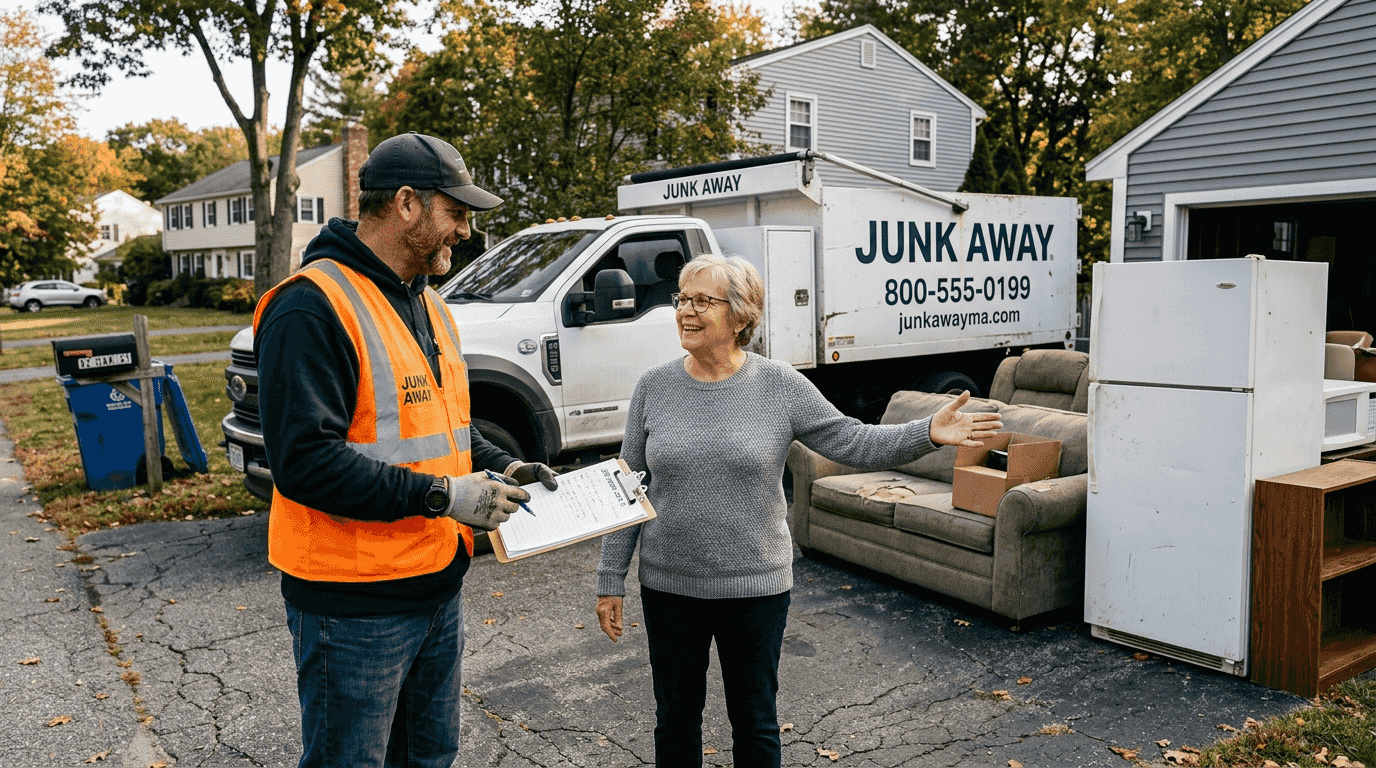 Junk removal crew at Massachusetts home driveway