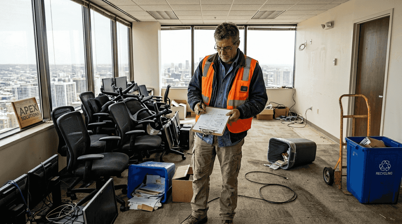 Contractor checking office before cleanout