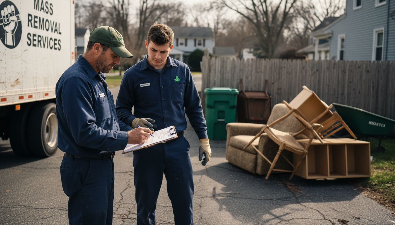 Junk removal team reviewing pricing curbside