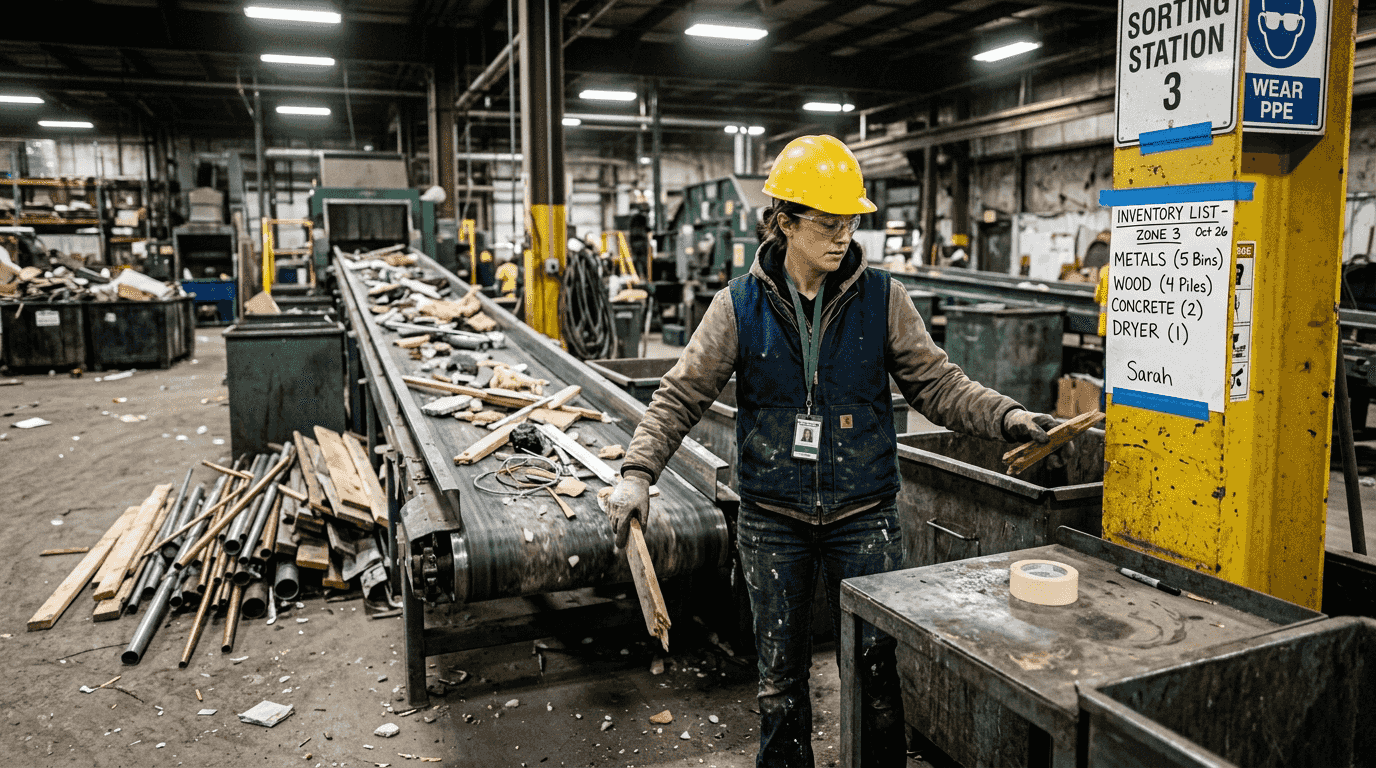 Technician sorting construction debris for recycling