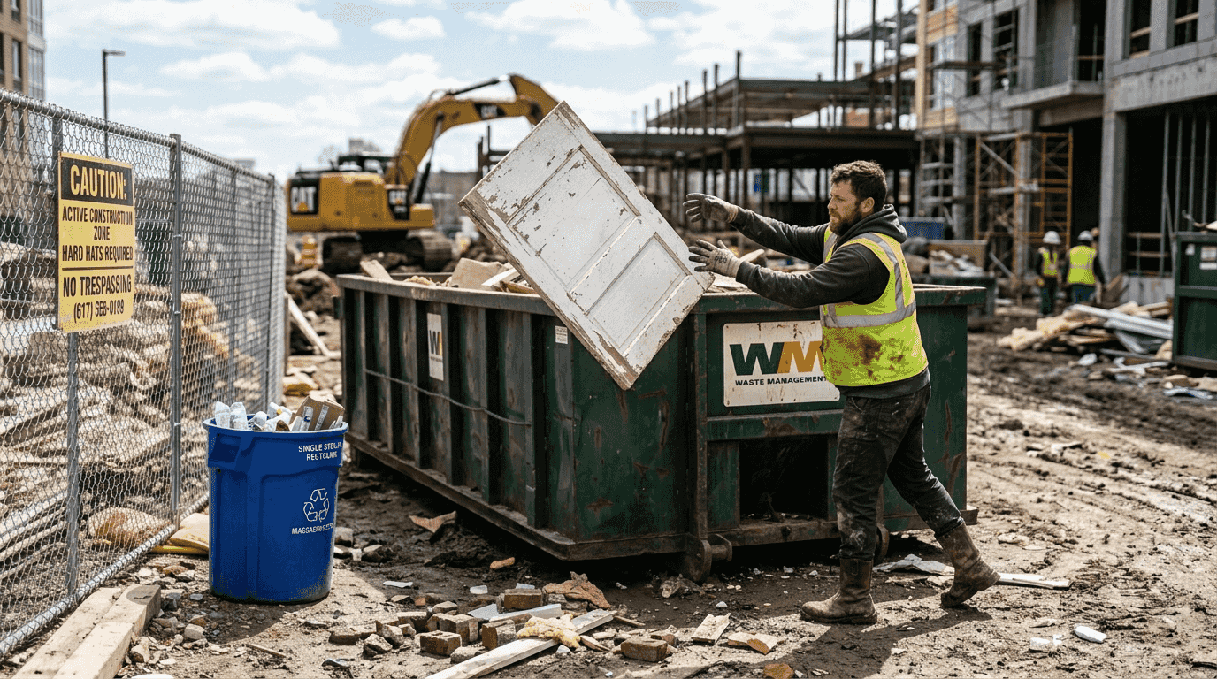 Worker handles construction debris at Massachusetts site