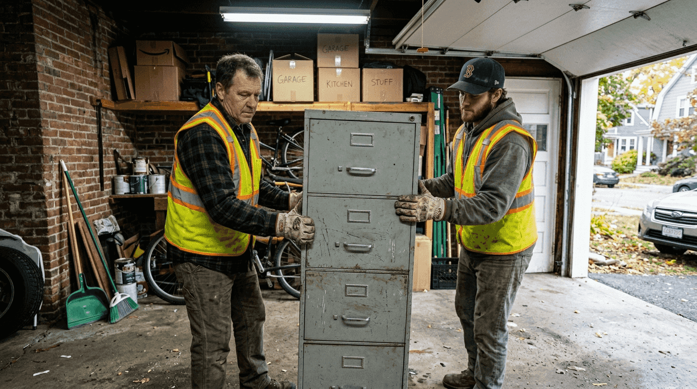 Workers safely removing junk from residential garage