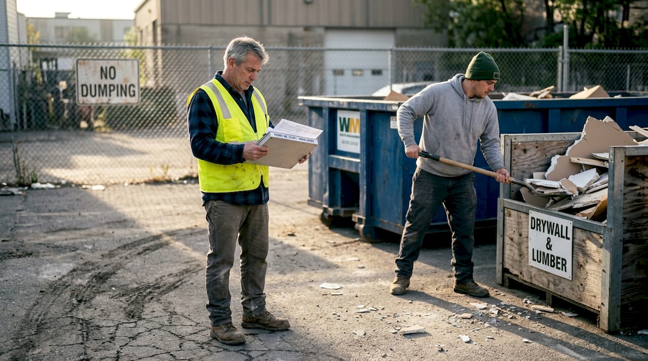 Supervisor overseeing construction debris sorting in MA