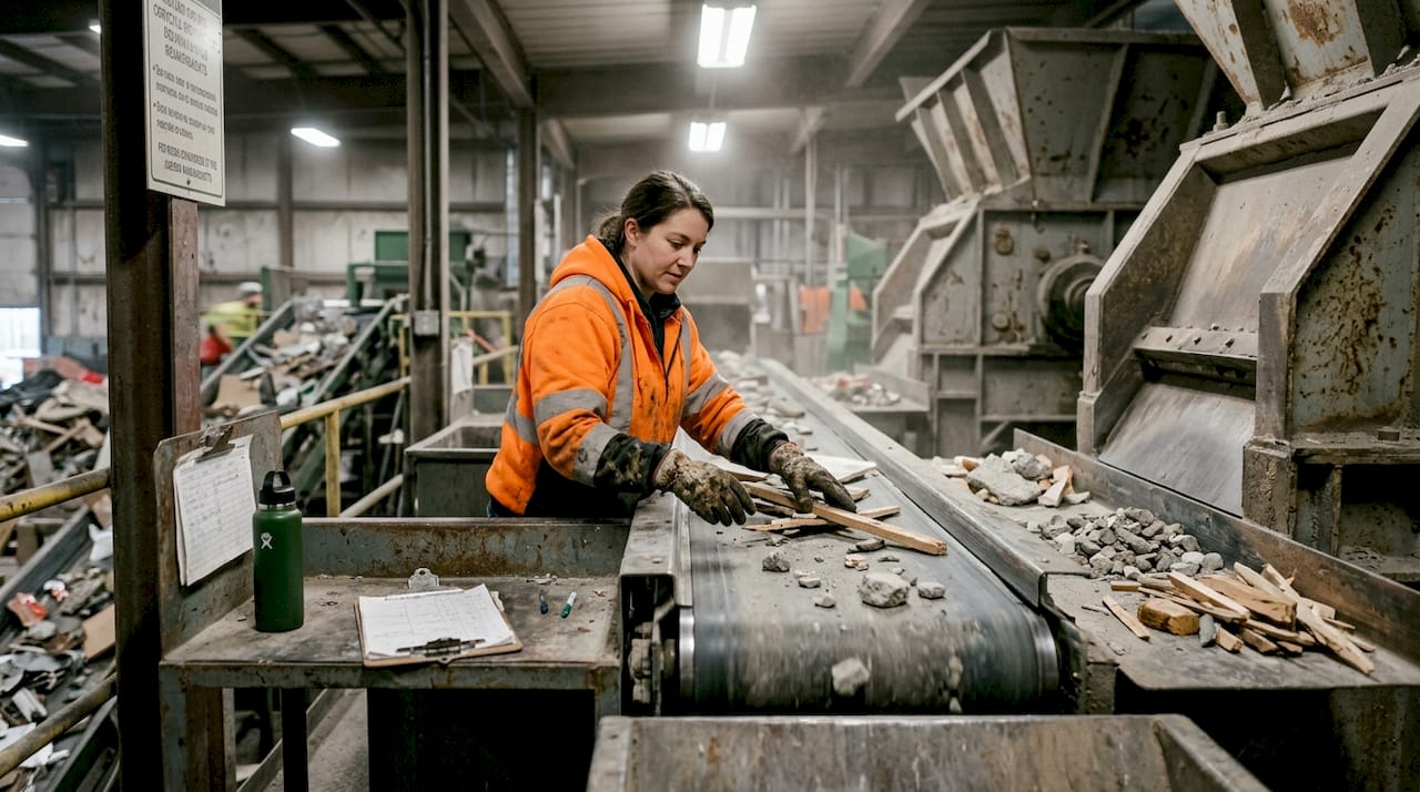 Worker sorting construction debris for recycling