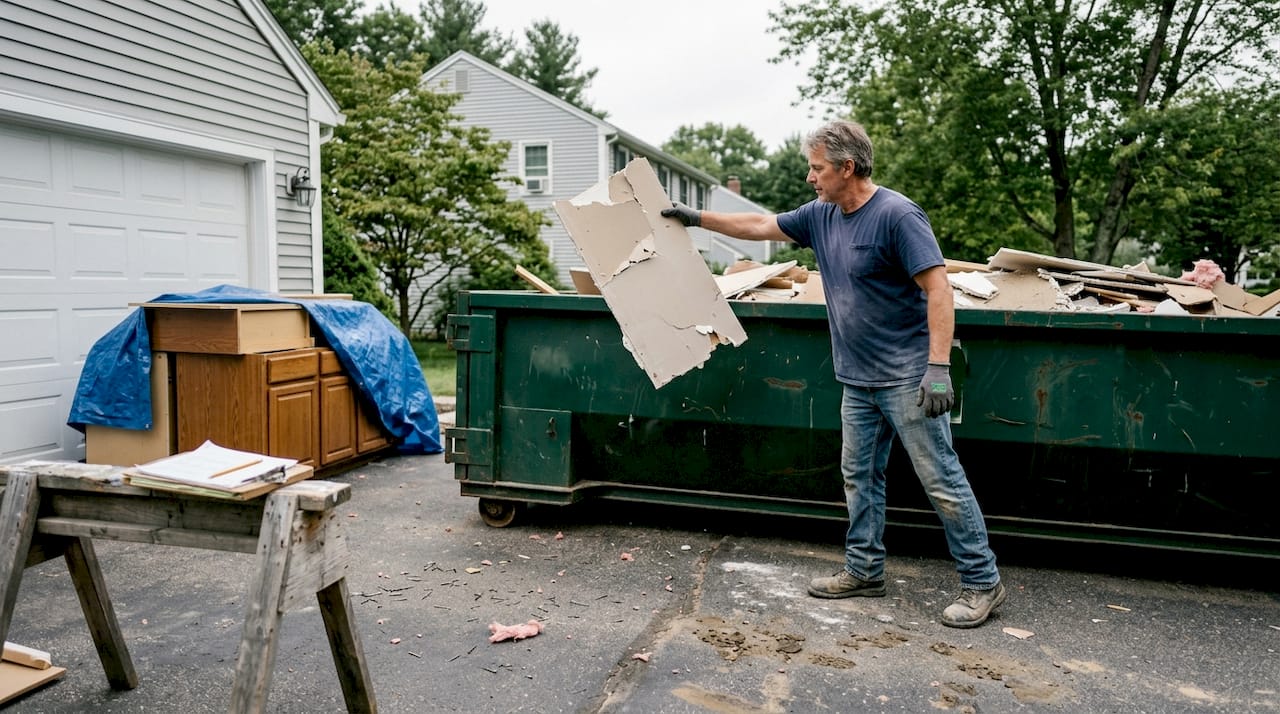 Contractor loads construction debris into driveway dumpster
