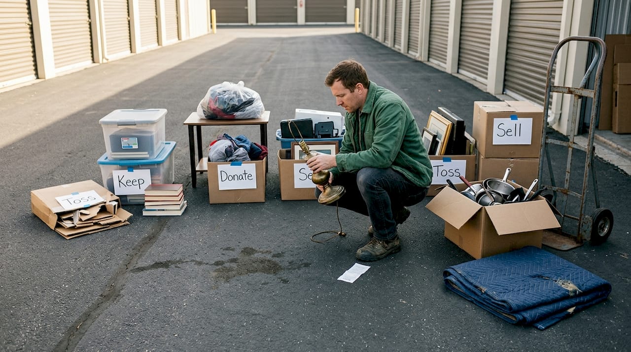 Sorting items in labeled piles outdoors
