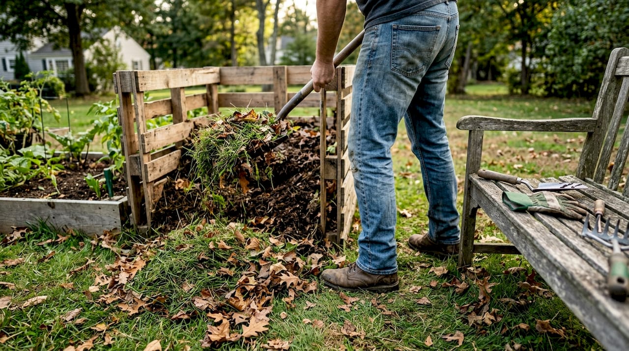 Home compost bin in Massachusetts backyard
