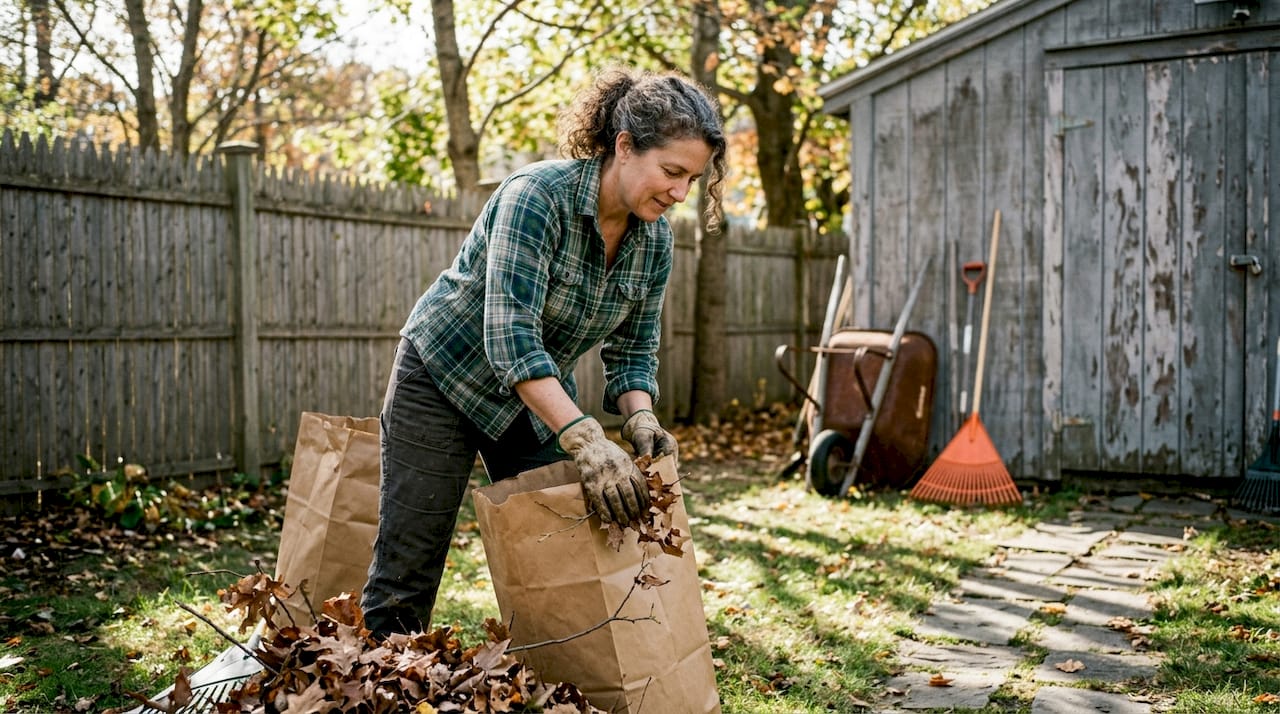 Homeowner cleaning up yard waste in Massachusetts backyard