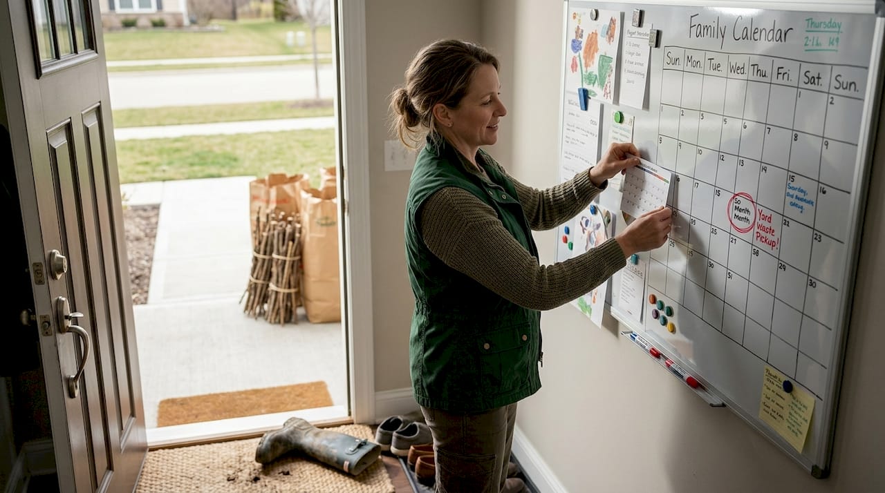 Woman scheduling yard waste pickup at home