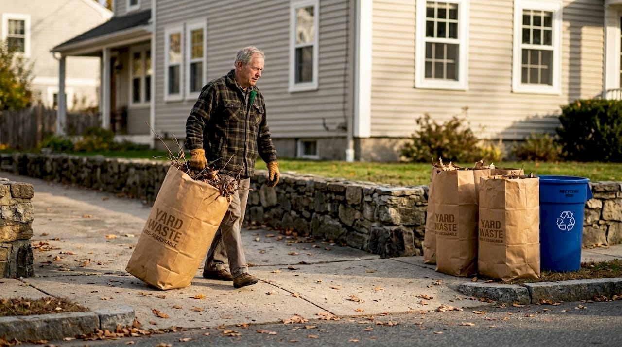 Man hauling bag of yard waste to curb
