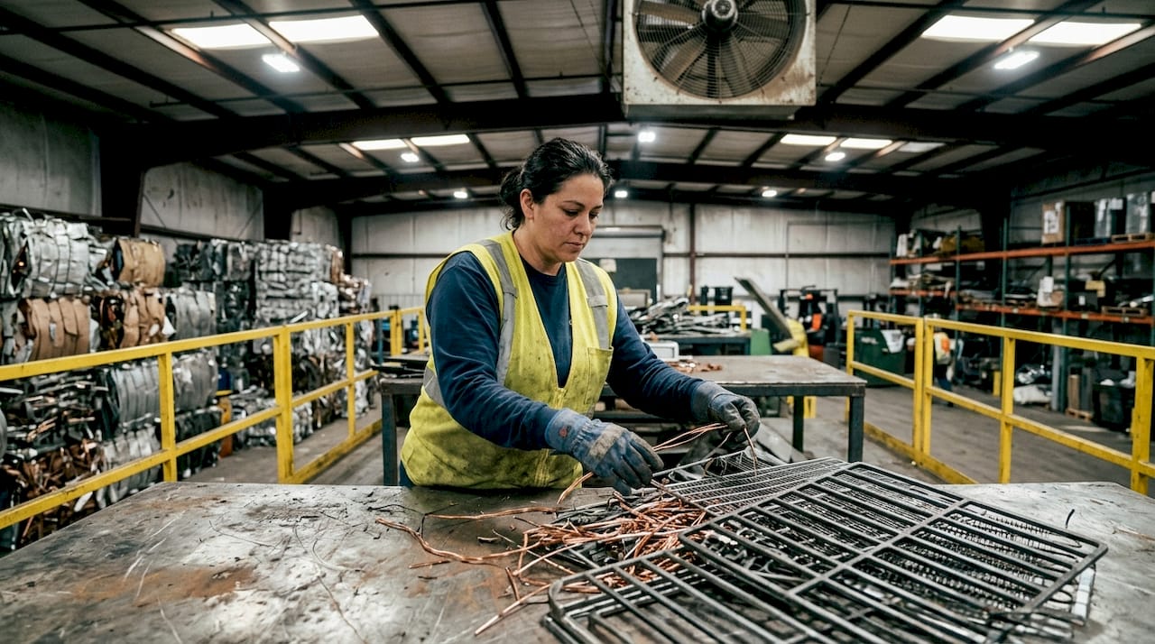 Worker sorting recycled appliance metals warehouse