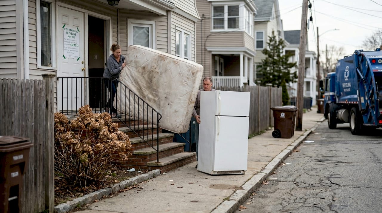 Residents recycling mattress and appliance curbside