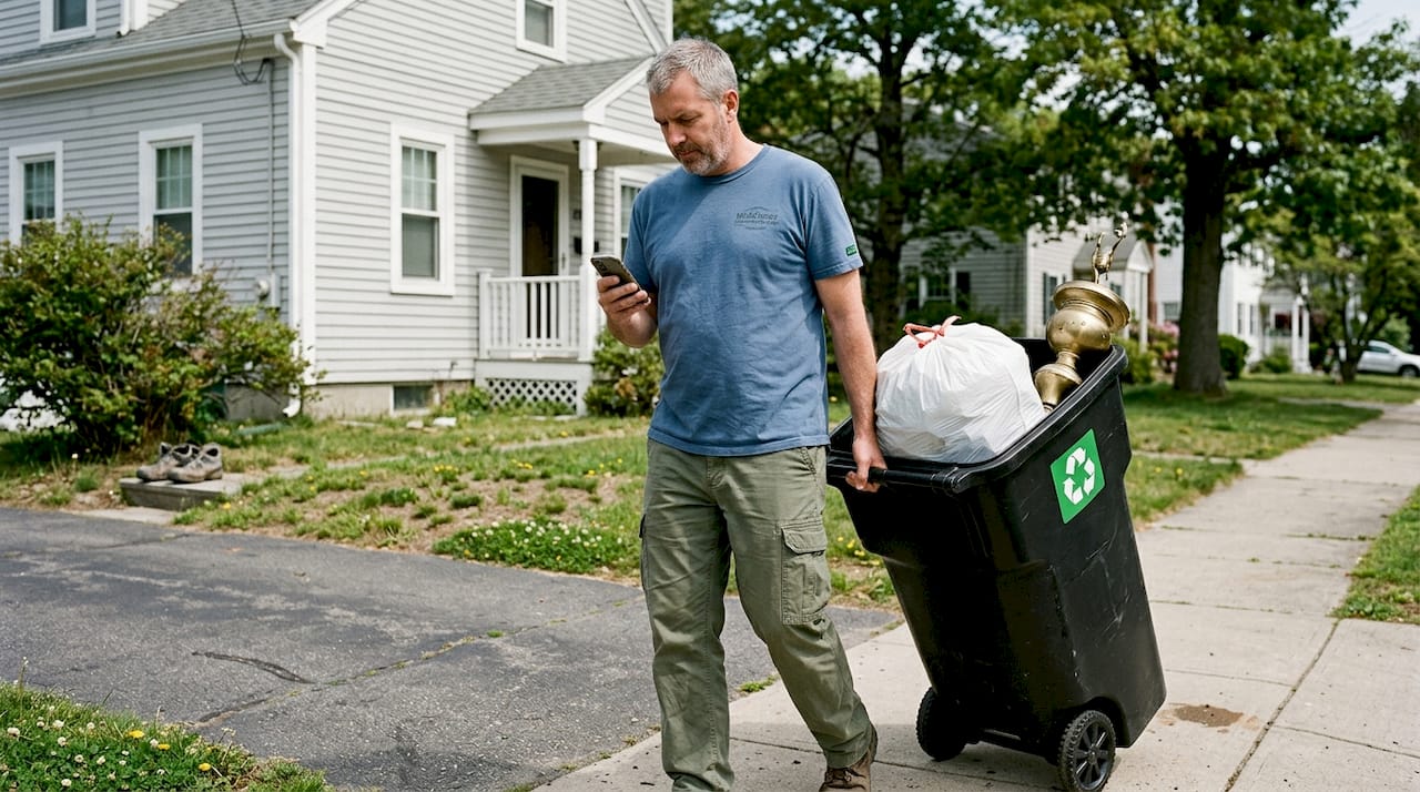 Man taking junk to curb in Massachusetts