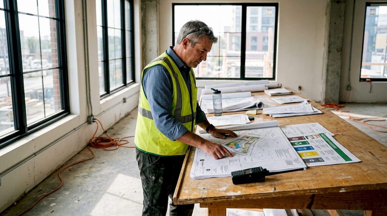 Manager reviewing debris plans in construction office